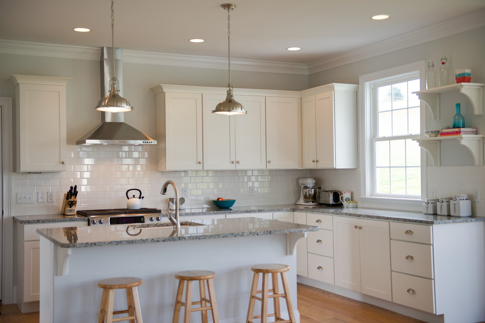 Salt and Pepper Granite Kitchen Traditional with Floating Shelves Gray Wall