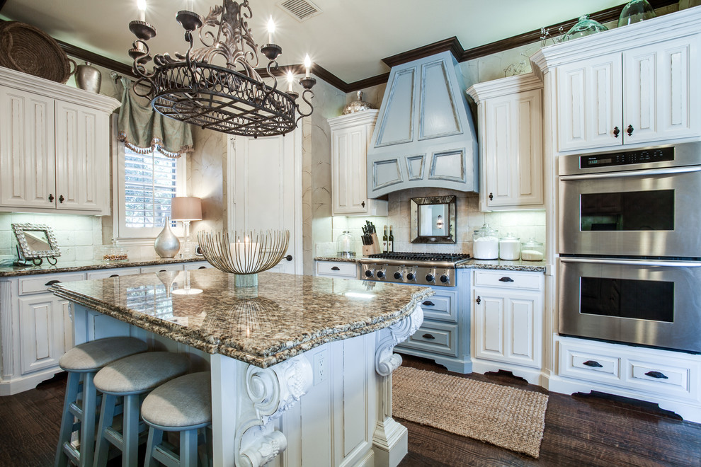 Santa Cecilia Gold Granite Kitchen Traditional with Blue Hood Corbels Cream