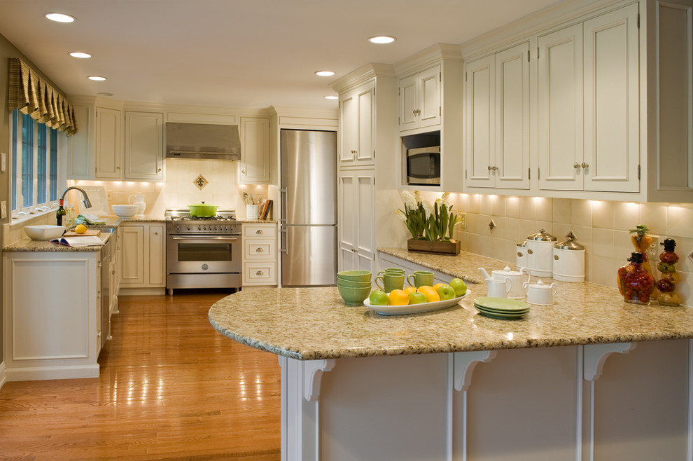 Santa Cecilia Gold Granite Kitchen Traditional with Ceiling Lighting Granite Countertops