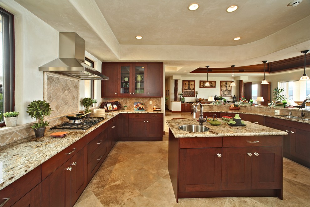 Santa Cecilia Gold Granite Kitchen Tropical with Ceiling Lighting Glass Front