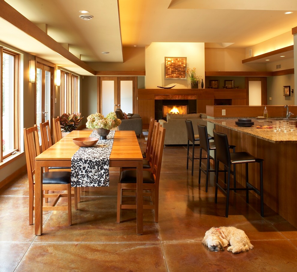 Scored Concrete Floors Dining Room Modern with Dog Eat in Kitchen Fireplace