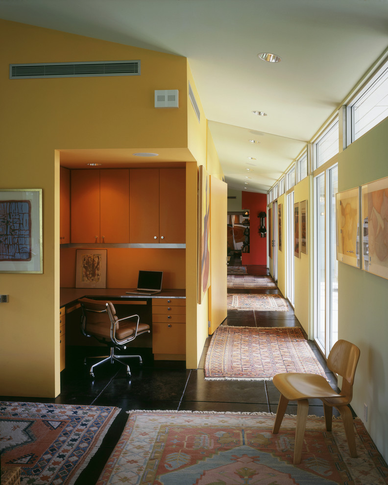 Scored Concrete Floors Home Office Midcentury with Area Rugs Ceiling Lighting