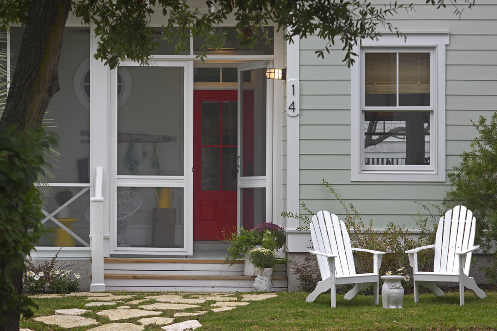 Screened Front Porch Entry Beach with Adirondack Chair Double Hung
