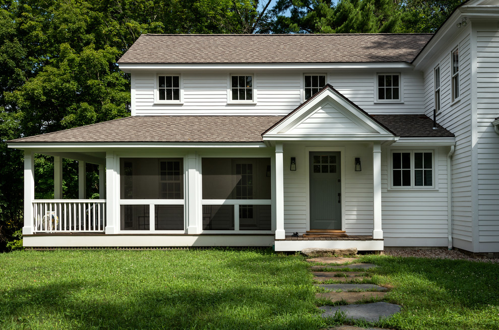 Screened Front Porch Exterior Farmhouse with Back Entry Brick Chimney