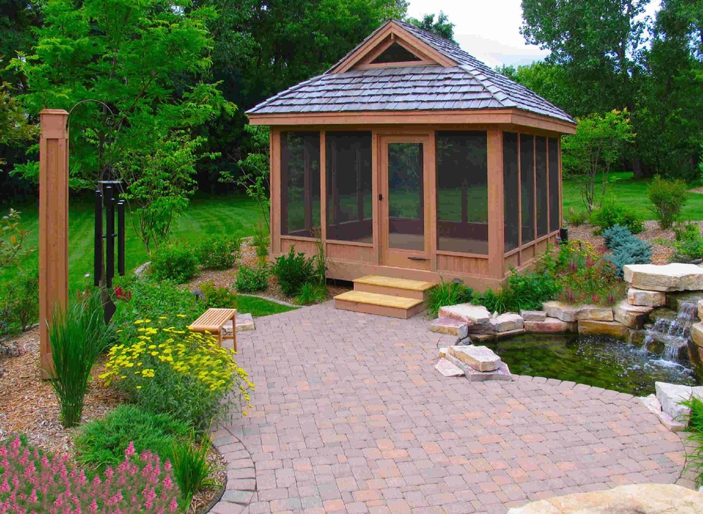 Screened Gazebo Plans Garage and Shed Traditional with Boulder Landscape Brick Patio