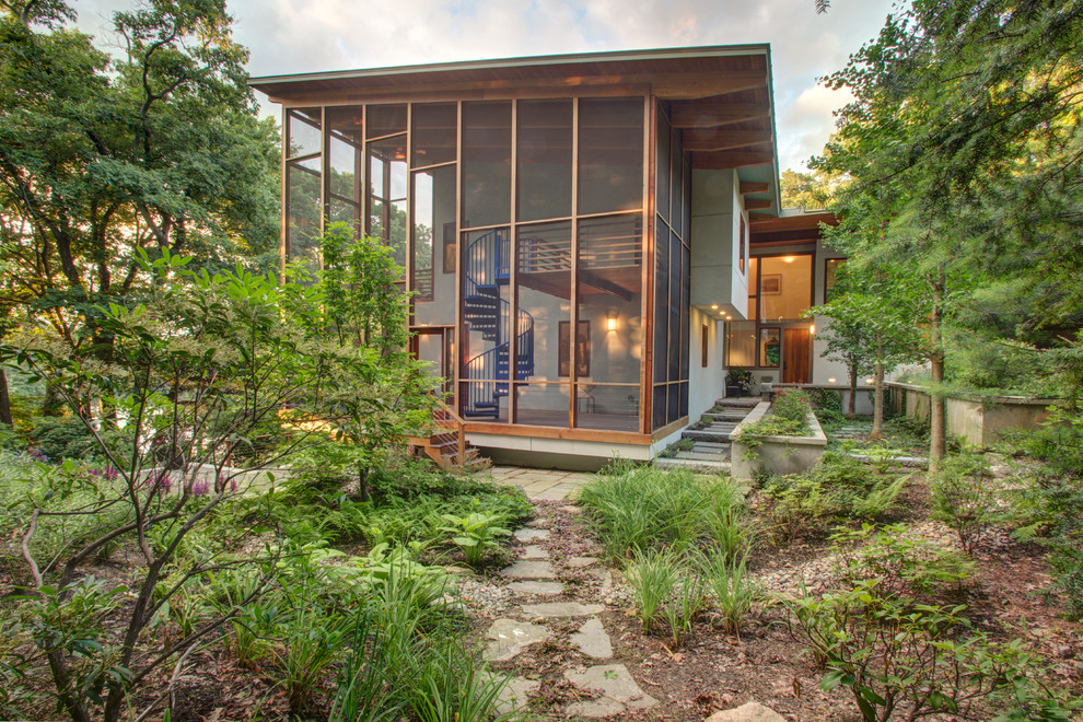 Screened in Porches Exterior Contemporary with Cantilevered Eaves Flagstone Path