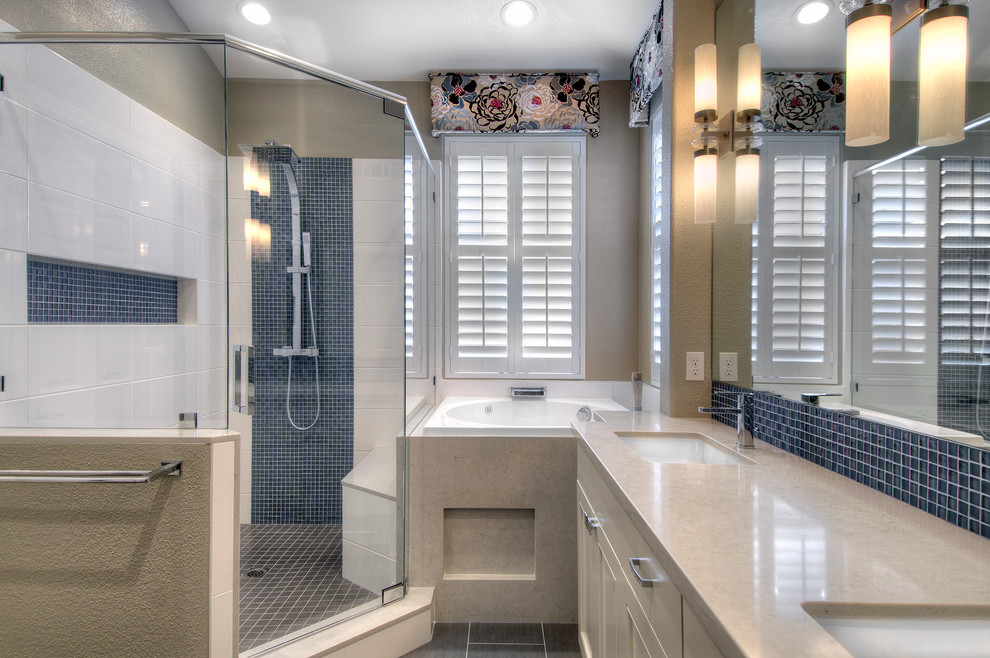 Sea Glass Tile Bathroom Transitional with Custom Sconces Fuji 4040