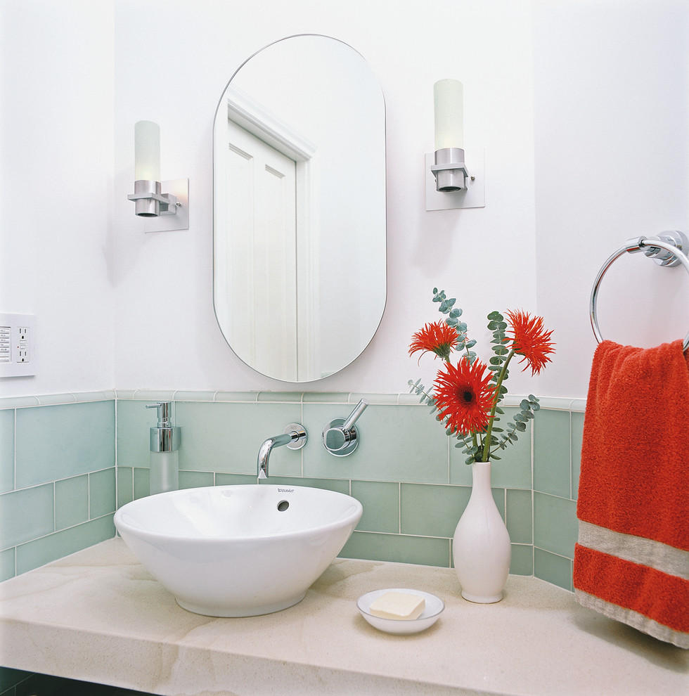 Sea Glass Tiles Bathroom Contemporary with Accent Colors Bath Accessories