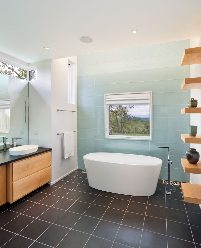 Sea Glass Tiles Bathroom Contemporary with Accent Wall Aqua Black