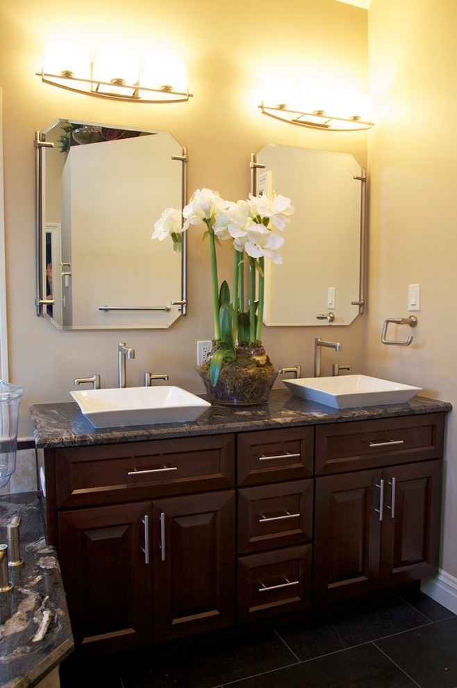Semi Recessed Vessel Sink Bathroom Contemporary with Body Sprays Cherry Vanity