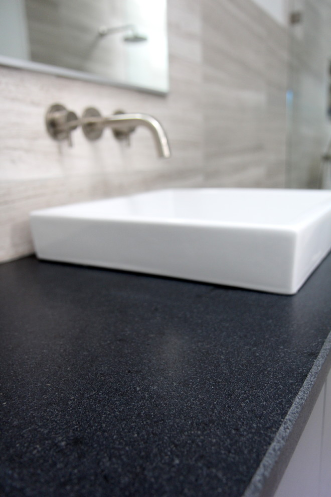 Semi Recessed Vessel Sink Spaces Eclectic with Black Granite Black Leathered