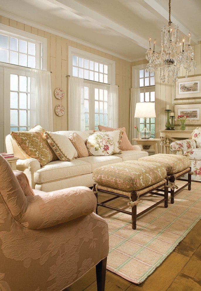 Shabby Chic Bedrooms Living Room Traditional with Chandelier Cottage Curtain Decor