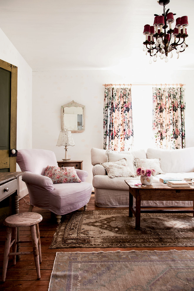 Shabby Chic Decorating Ideas Living Room with Arm Chair Floral Curtains