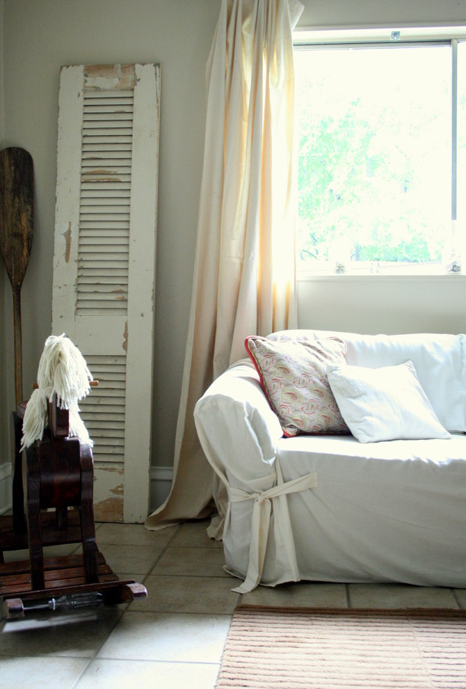 Shabby Chic Slipcovers Family Room Traditional with Curtains Drapes Neutral Colors
