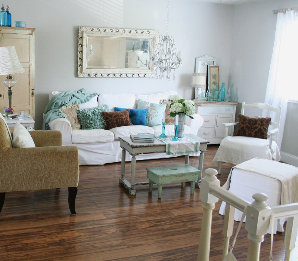 Shabby Chic Slipcovers Living Room Eclectic with Antique Blue Bottlescrystal Glass