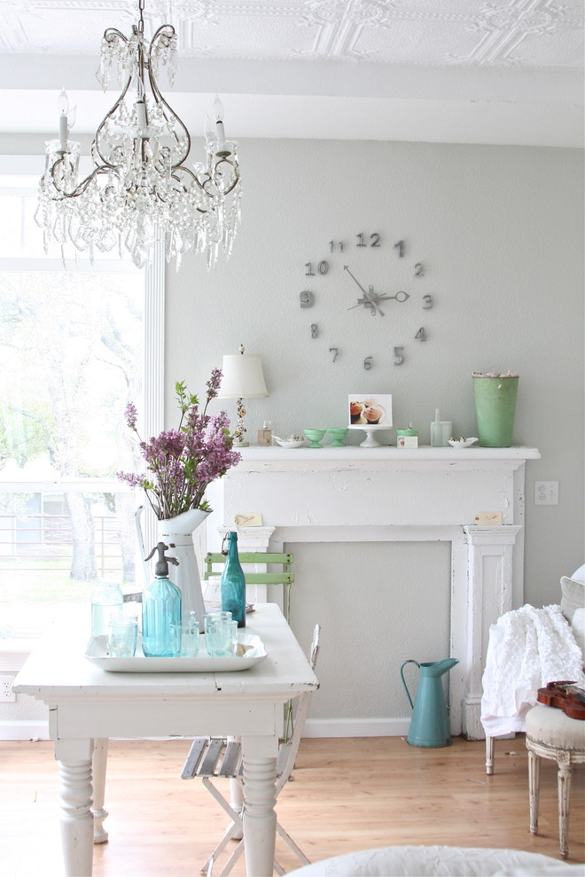 Shabby Chic Sofa Living Room Eclectic with Bottles Chandelier Clock Fireplace