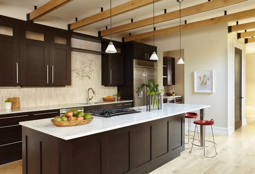 Shaker Cabinet Pulls Kitchen Contemporary with Breakfast Bar Dark Wood