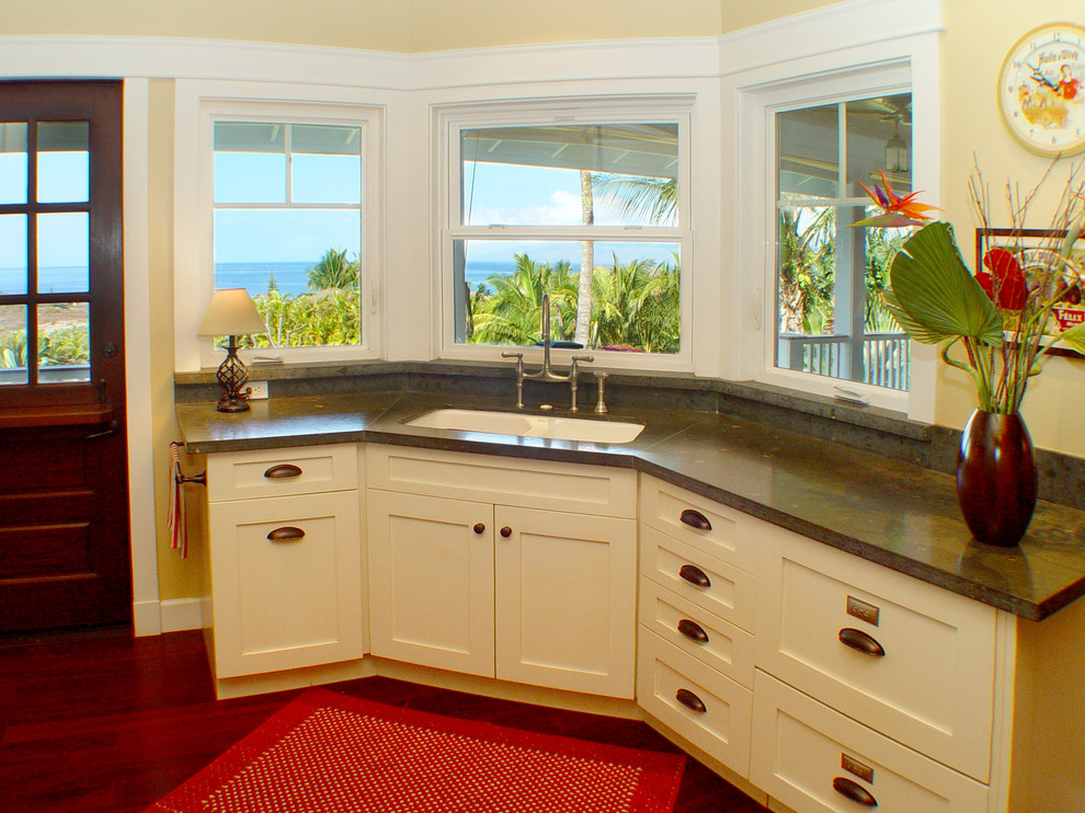 Shaker Door Style Kitchen Beach with Bridge Faucet Coastal Corner