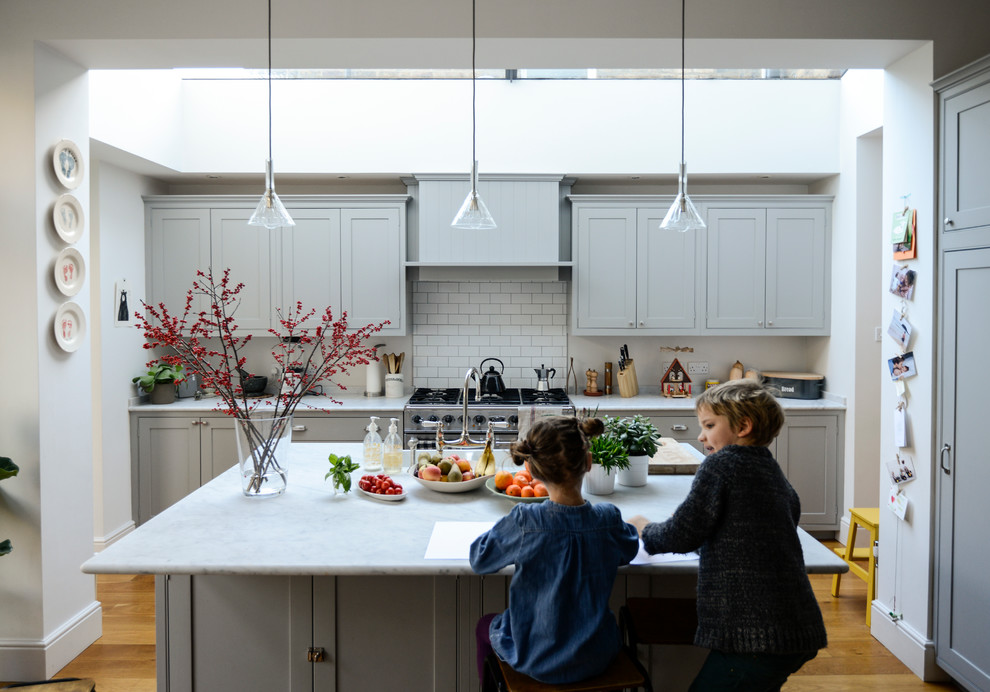 Shaker Style Cabinets Kitchen Transitional with Blown Glass Pendants Danish