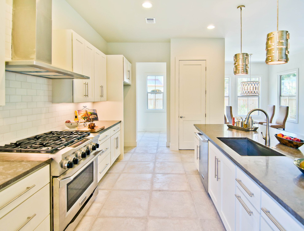 Shaker Style Kitchen Cabinets Kitchen Modern with Gray Counters Pendant Lights1