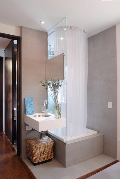 Sheer Shower Curtain Bathroom Contemporary with Candles Countertop Doorway Faucet