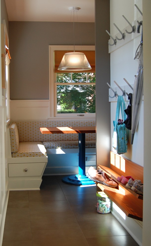 Shoe Rack Design Entry Transitional with Apron Sink Banquette Seating