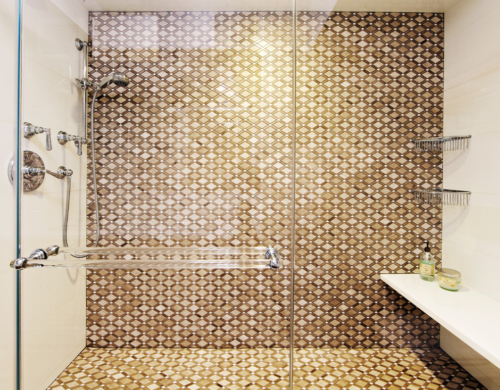 Shower Door Handles Bathroom Transitional with Brown Tile Handshower Id