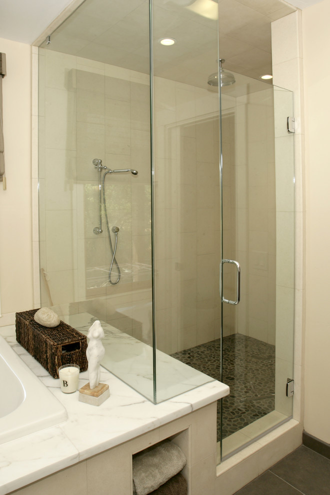 Shower Door Ideas Bathroom Contemporary with Ceiling Lighting Dark Floor
