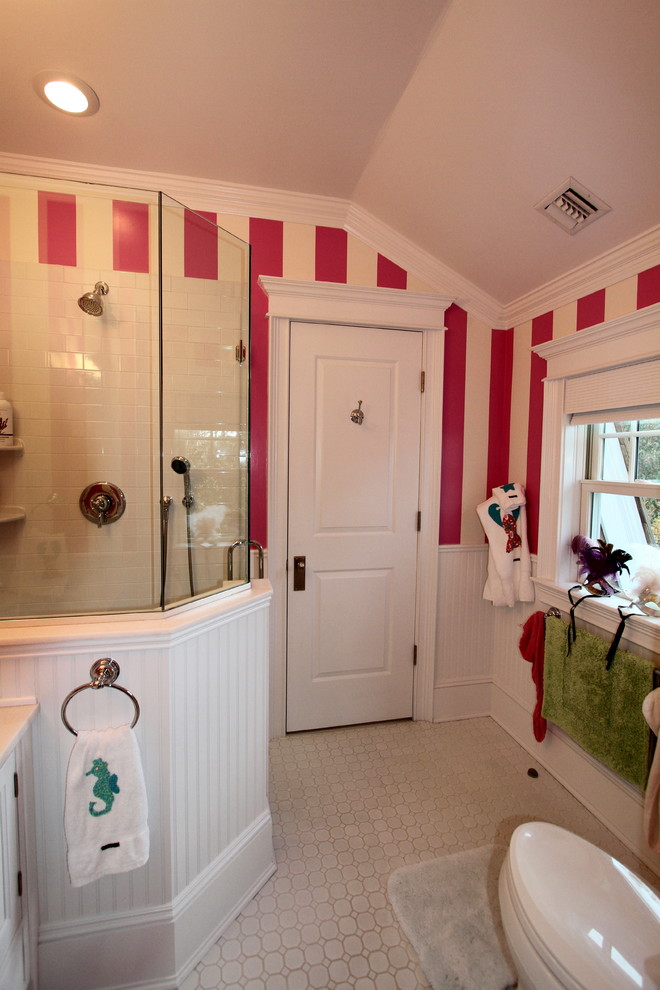 Shower Door Trim Bathroom Eclectic with Bead Board Red And