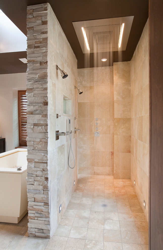 Shower Renovation Ideas Bathroom Contemporary with Beige Stone Wall Double