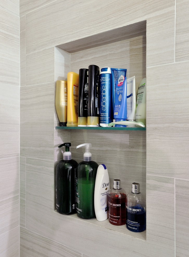 Shower Shelves Built in Bathroom Contemporary with 2 Sink Vanity Alcove