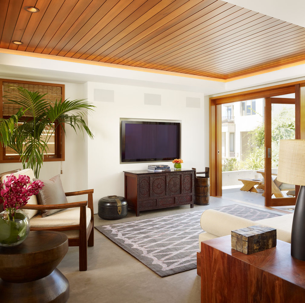 Shower Speaker System Family Room Tropical with Dark Wood Side Table