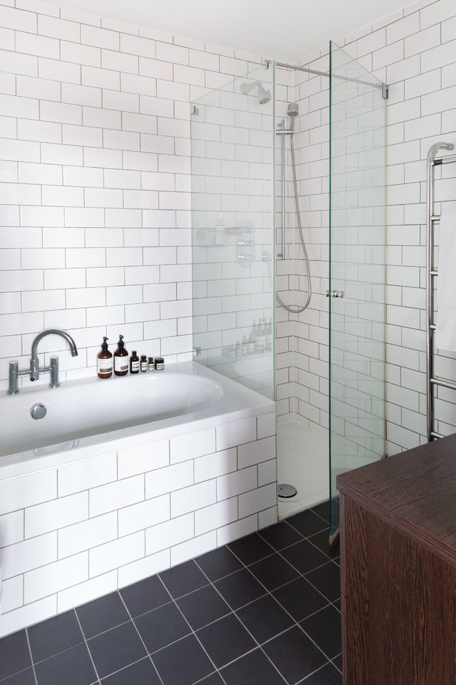 Shower Subway Tile Bathroom Contemporary with Bath Black and White
