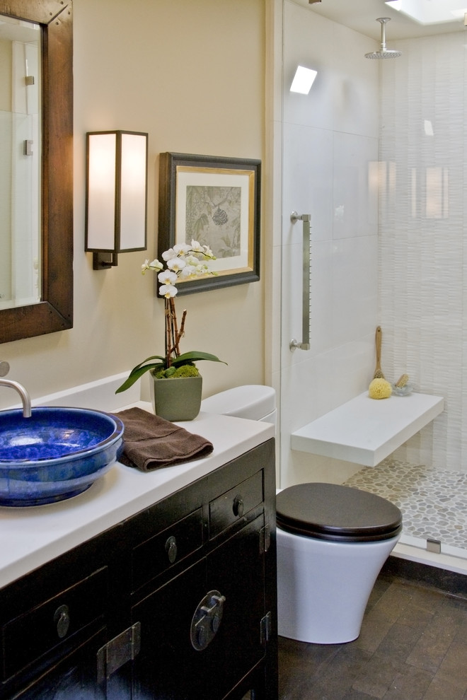 Showers with Benches Bathroom Traditional with Blue Sink Dark Cabinets