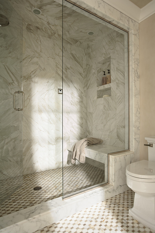 Showers with Benches Bathroom Traditional with Glass Enclosure Marble Master