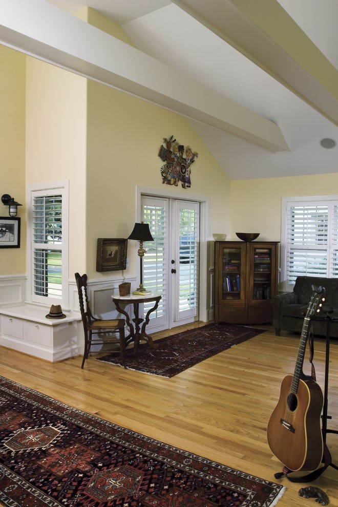 Shutters vs Blinds Living Room Craftsman with Bench Exposed Beams French