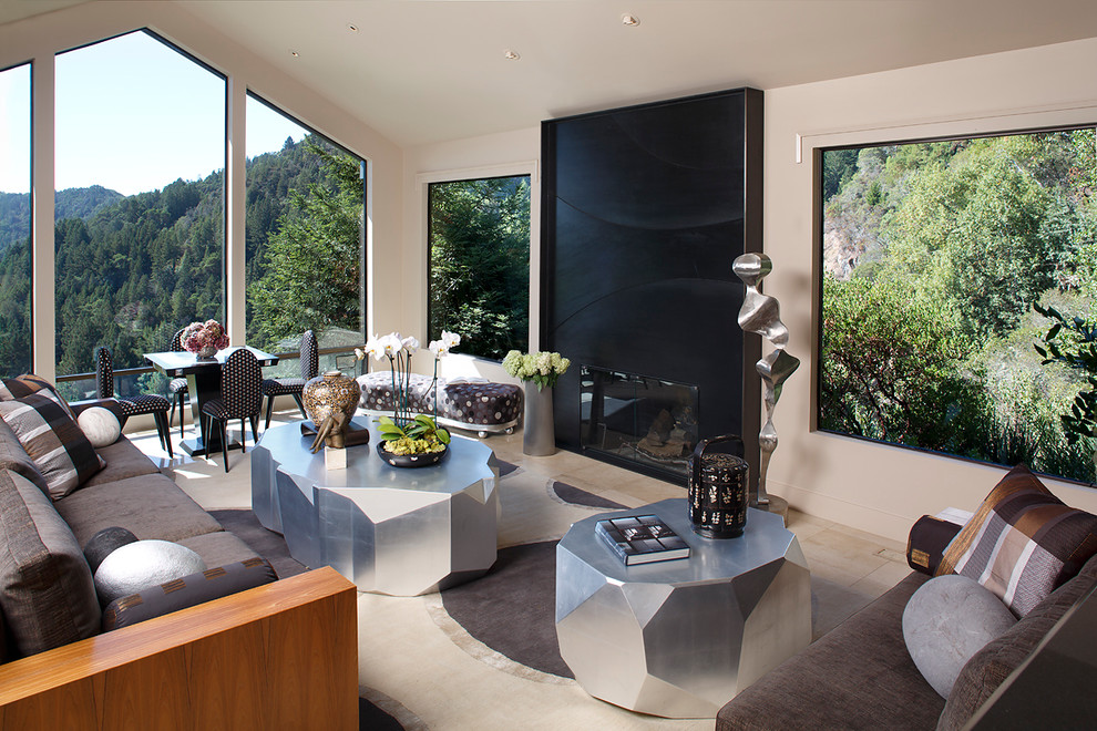 Silver Coffee Table Living Room Contemporary with Beige Wall Black Fireplace