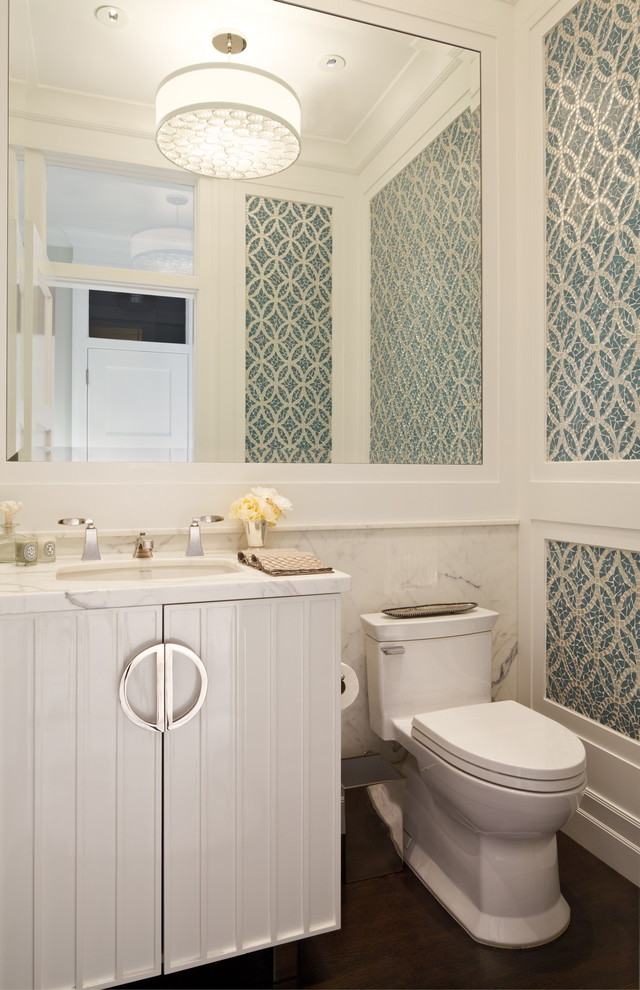 Silver Leaf Mirror Powder Room Traditional with Accent Wall Custom Hardware
