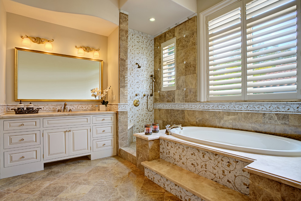 Skinny Console Table Bathroom Traditional with Gold Faucets Mosaic Stone