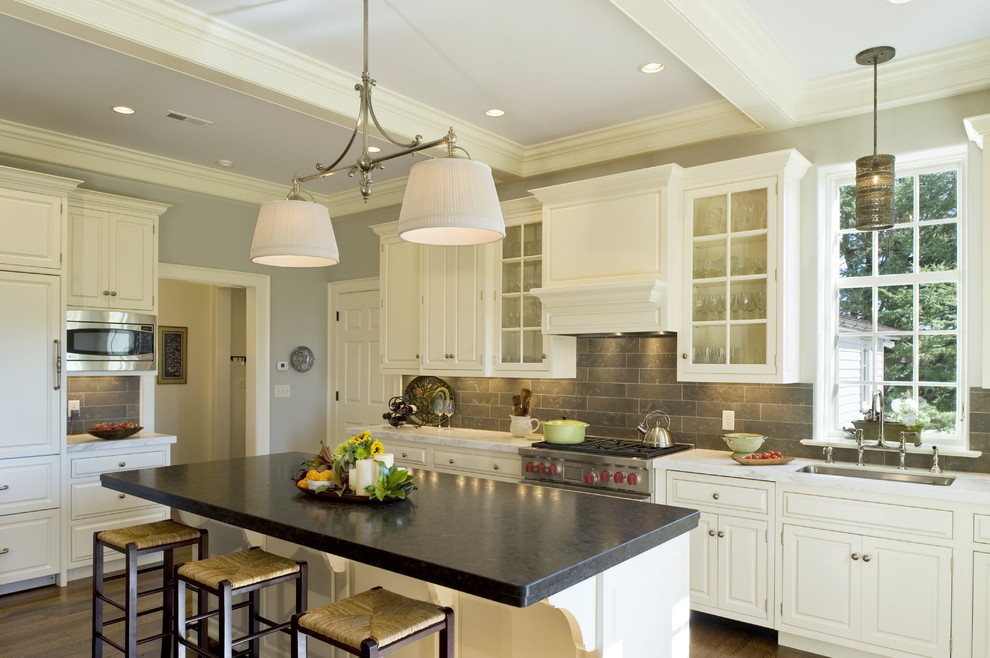 Slate Backsplash Tile Kitchen Traditional with Barstools Braces Chandelier Coffered