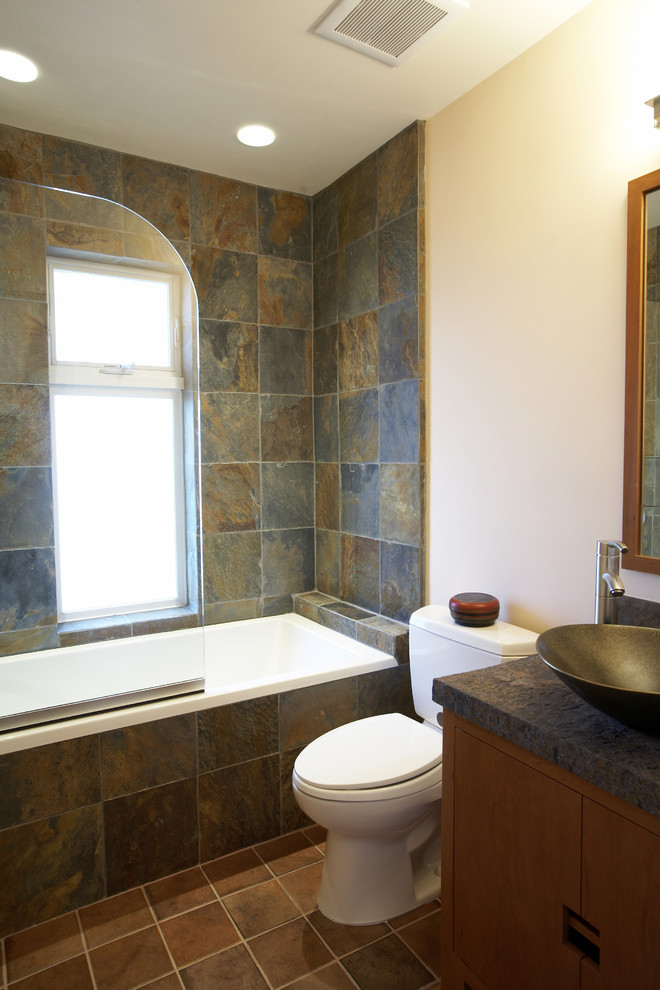 Slate Shower Tile Bathroom Asian with Bath and Shower Combo