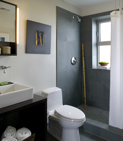 Slate Shower Tile Bathroom Modern with Cabinets Chrome Fixtures Countertop