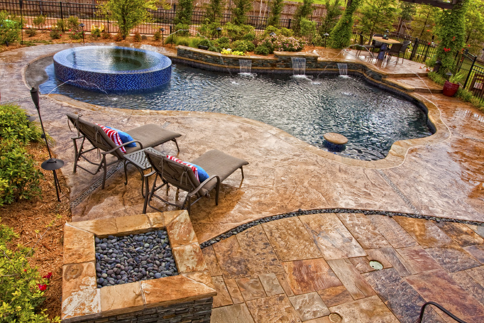 Slate Stamped Concrete Pool Eclectic with Blue Glass Tile Deck