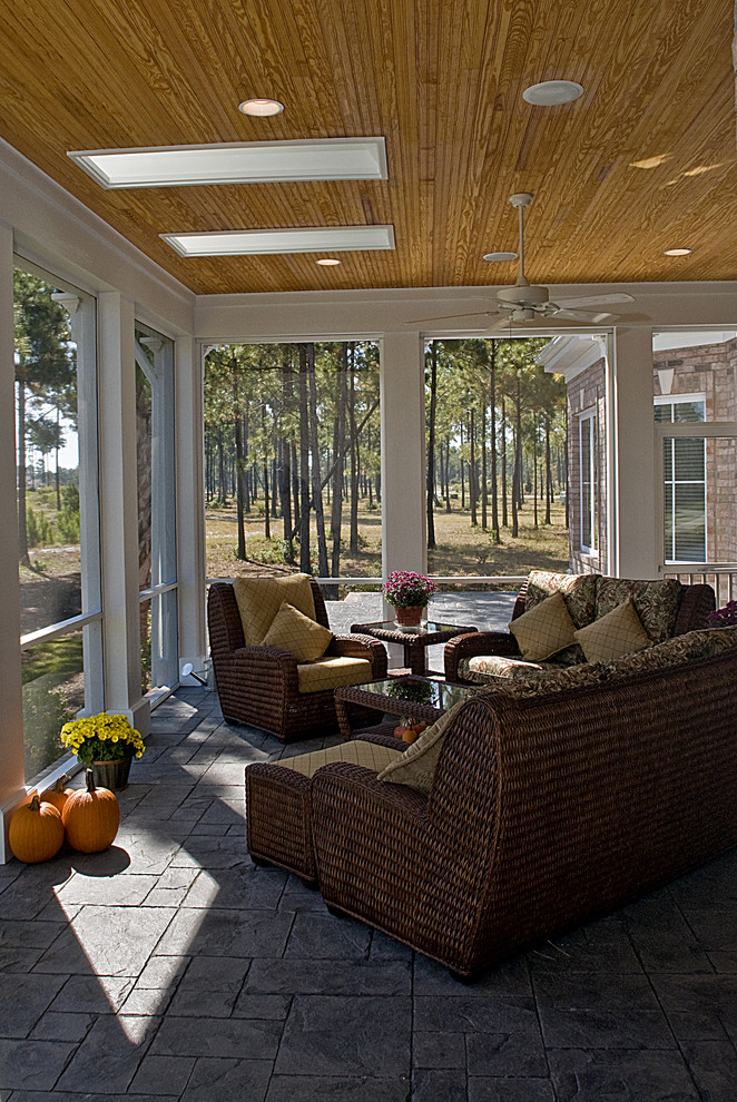 Slate Stamped Concrete Porch Traditional with Ceiling Fan Ceiling Lighting