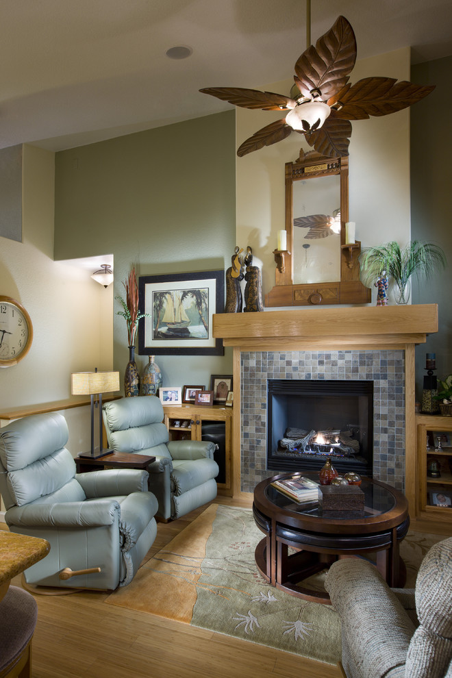 Slate Tile Fireplace Family Room Eclectic with Accent Wall Area Rug