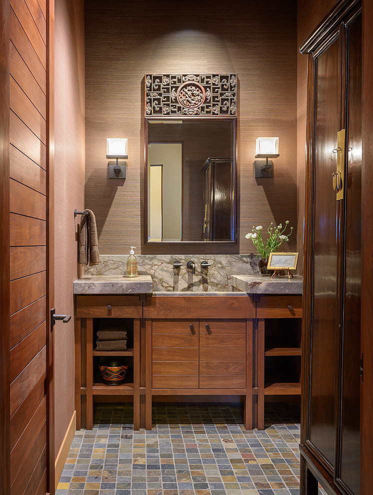 Slate Tile Flooring Bathroom Contemporary with Brown Countertop Brown Grass