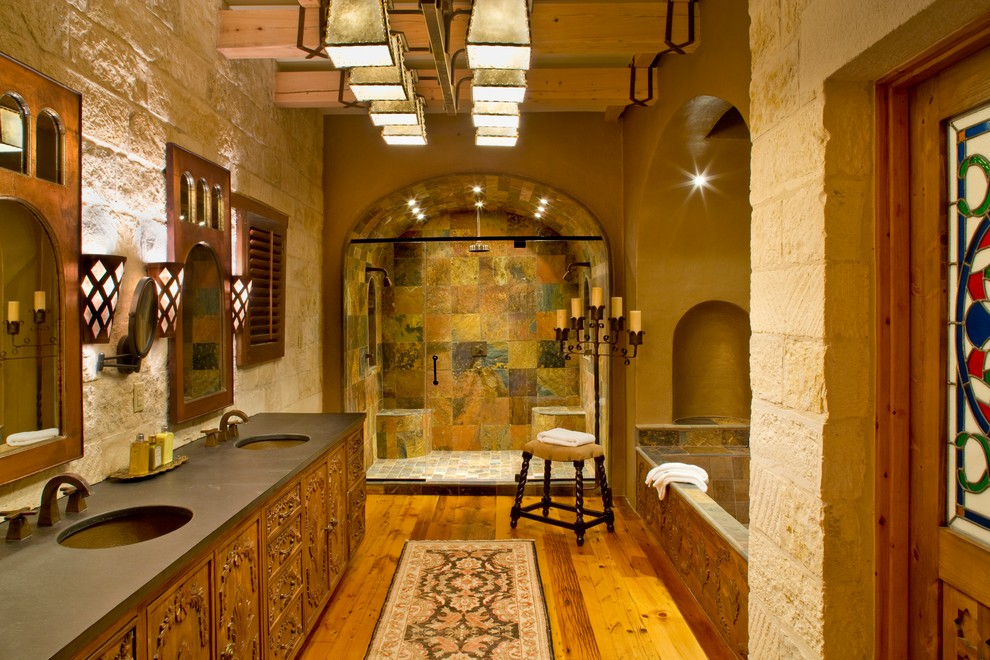 Slate Tile Shower Bathroom Mediterranean with Arched Mirror Arched Shower