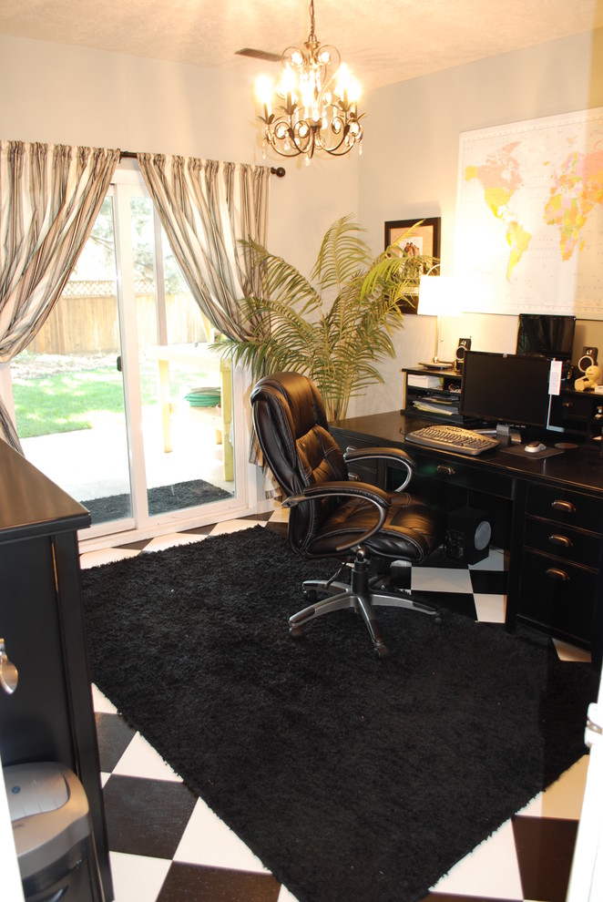 Sliding Door Curtains Home Office Traditional with Area Rug Black Desk