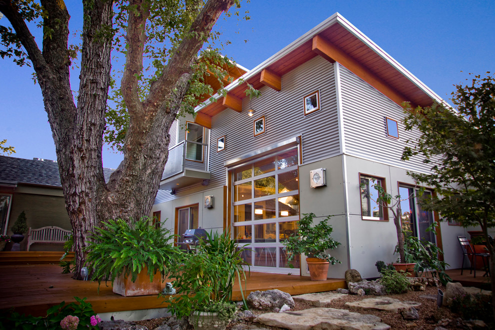 Sliding Garage Doors Exterior Modern with Angled Roof Backyard Boulders