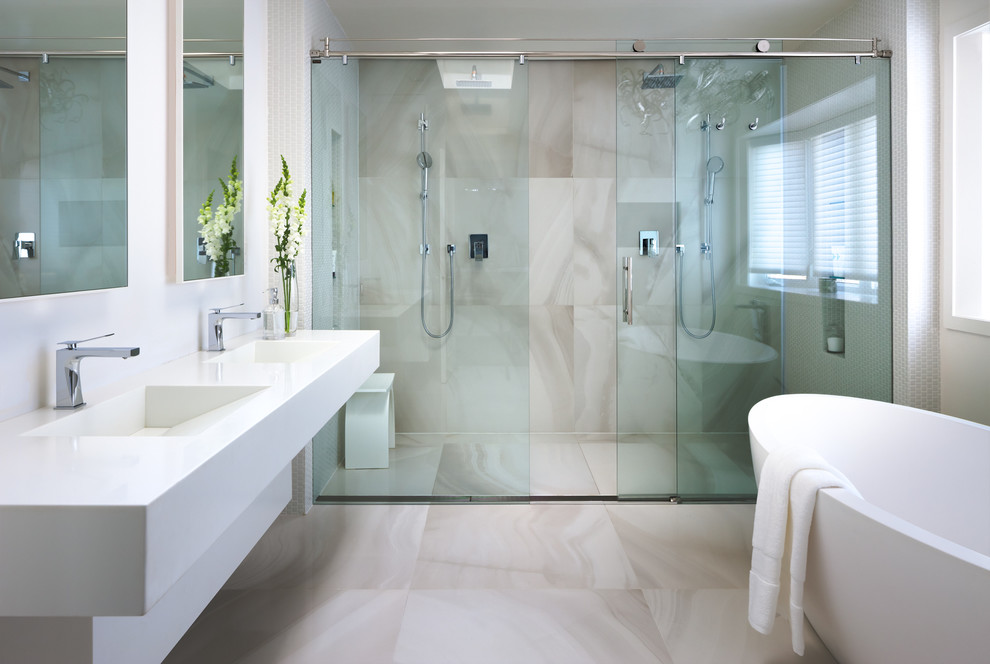 Sliding Glass Shower Doors Bathroom Contemporary with Alcove Double Sinks Glass